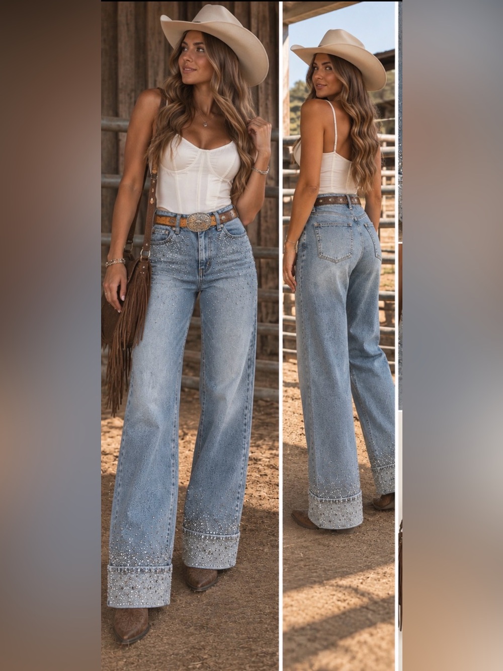 Fashion Nova Rhinestone Embellished Wide Leg Cuffed Jeans 5